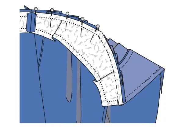 Вторую половинку передней кокетки прикалываем к верхнему срезу правой передней половинки брюк